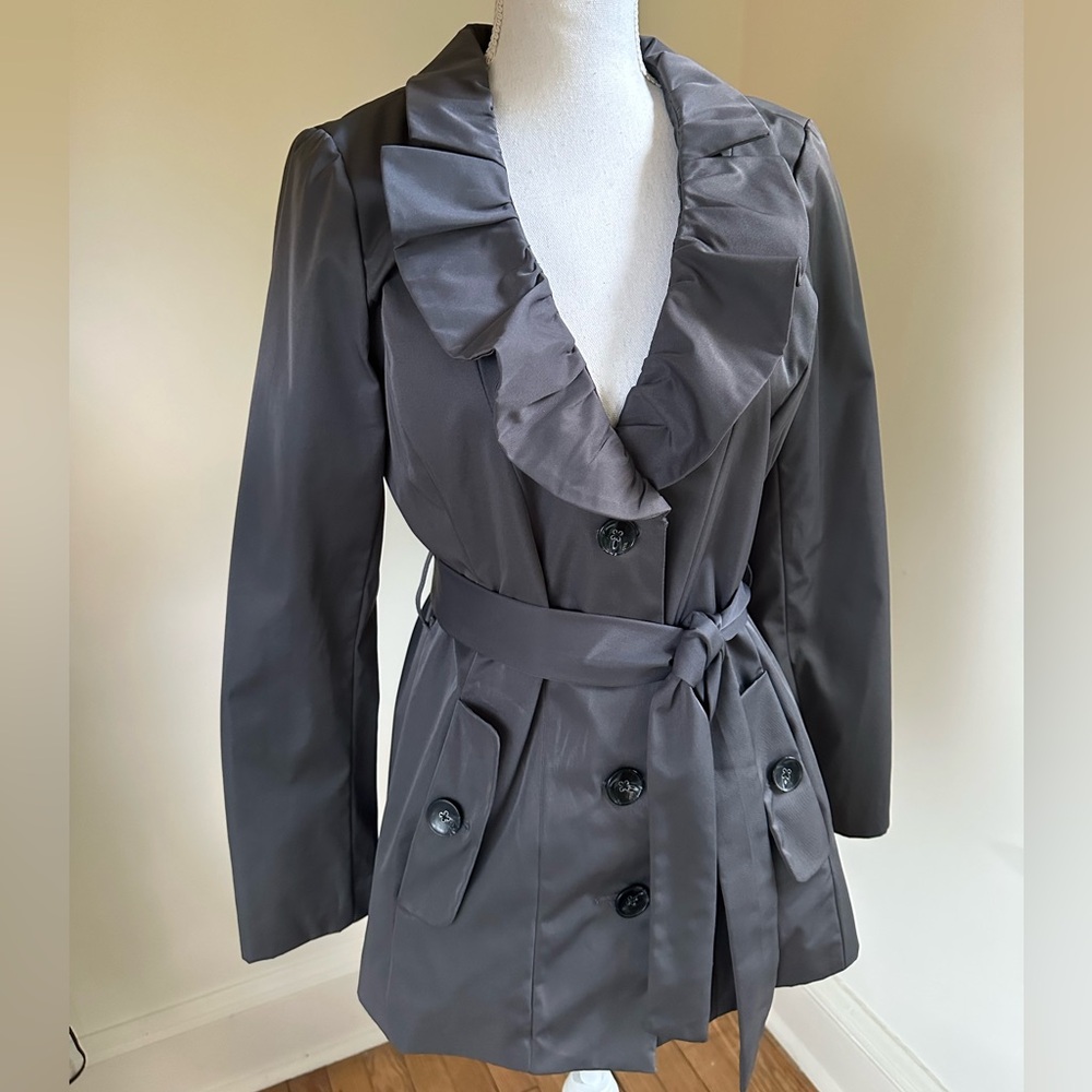 Sandro Studio Grey Ruffled Collar Trench Medium